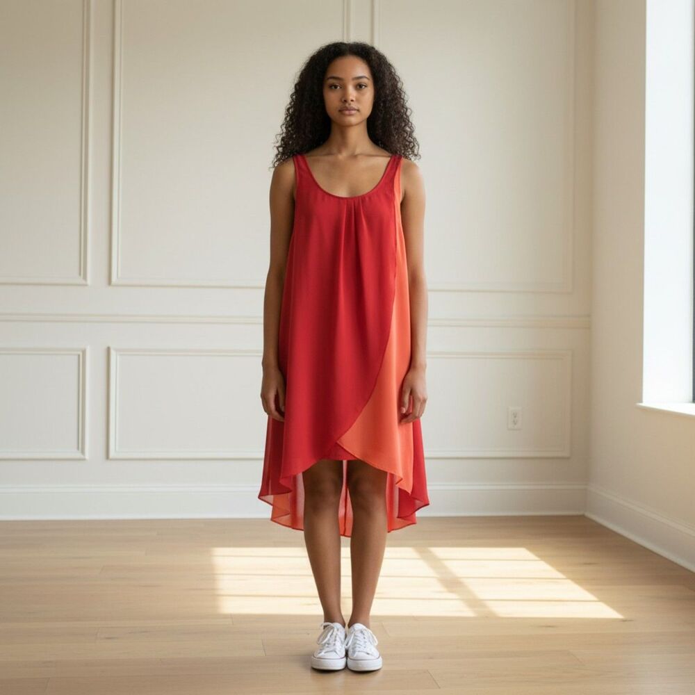 Silence + Noise Red Orange Faux Wrap High Low Trapeze Tank Dress Size M